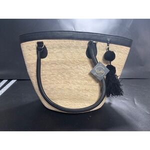 Del Rio‎ Woven Straw Tote Bag Black Trim Tassel Sustainable Made in Mexico NEW